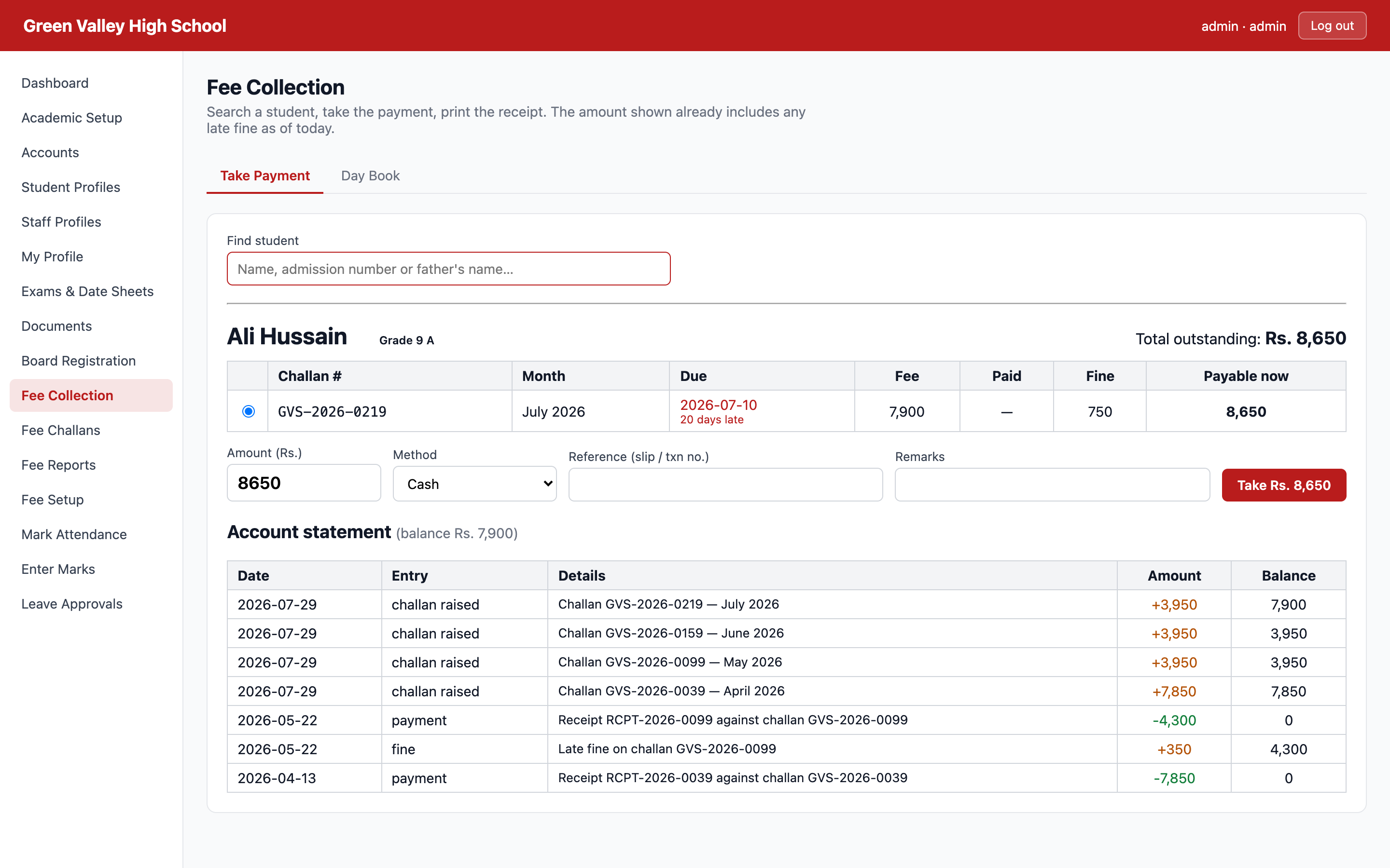 Fee collection screen showing a student's outstanding challan with a late fine, days overdue, and their full account statement